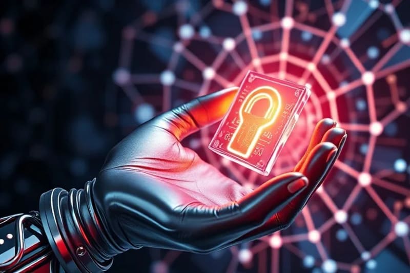 Stylized hand holding a glowing digital key with holographic data