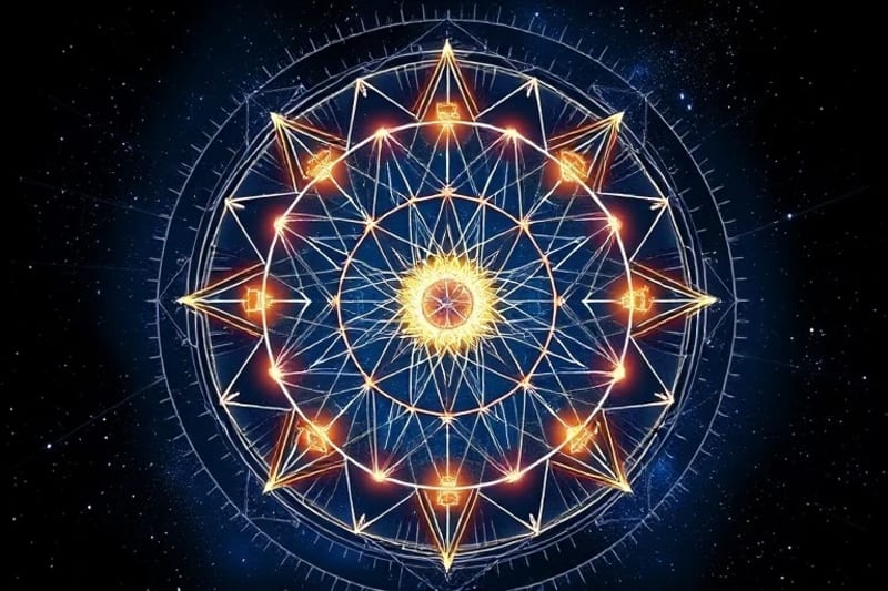 Abstract geometric web with glowing orbs, symbolizing the unfolding of destiny