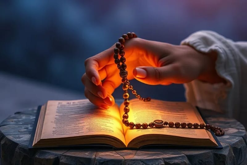 Manos sosteniendo un rosario luminoso con energía curativa