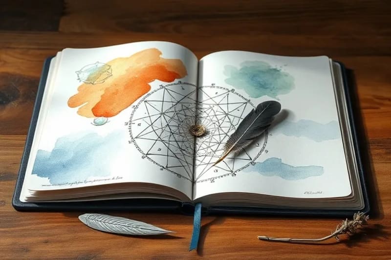 Renderizado 3D de una mesa con una rejilla de cristales de cuarzo dispuesta sobre una plantilla de la Flor de la Vida, un cuaderno abierto con diseños geométricos y una pluma, y un cuenco con hierbas secas, todo bajo una luz suave y enfocada.
