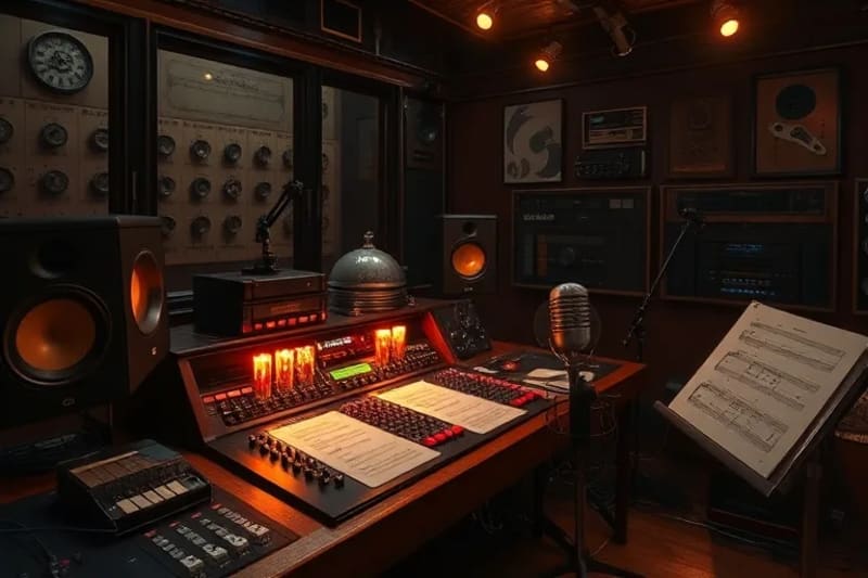 Pintura al óleo de un estudio de grabación antiguo con equipo analógico