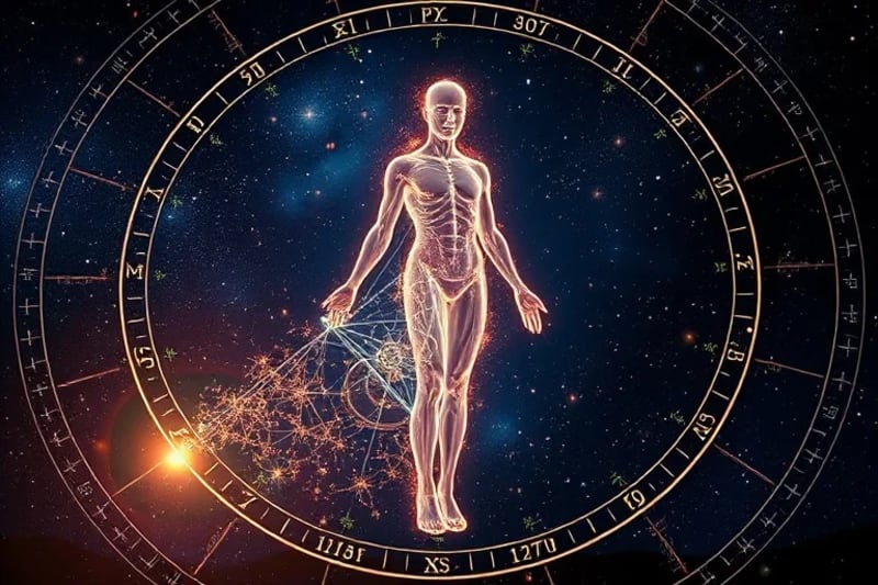 Proyección astral luminosa con patrones holográficos y símbolos cósmicos