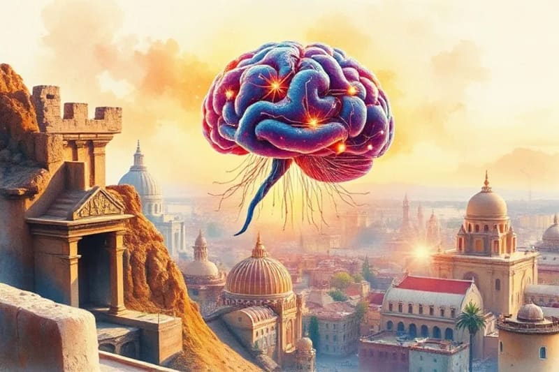 Cerebro de IA sobre ruinas y ciudades