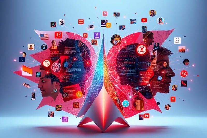 Representación abstracta de una balanza equilibrada con código y datos en un lado, y símbolos de diversidad humana en el otro, dentro de una red luminosa.