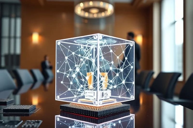 Cubo transparente estilizado con nodos y conexiones brillantes, simbolizando un marco ético de IA, sobre una mesa de sala de juntas.
