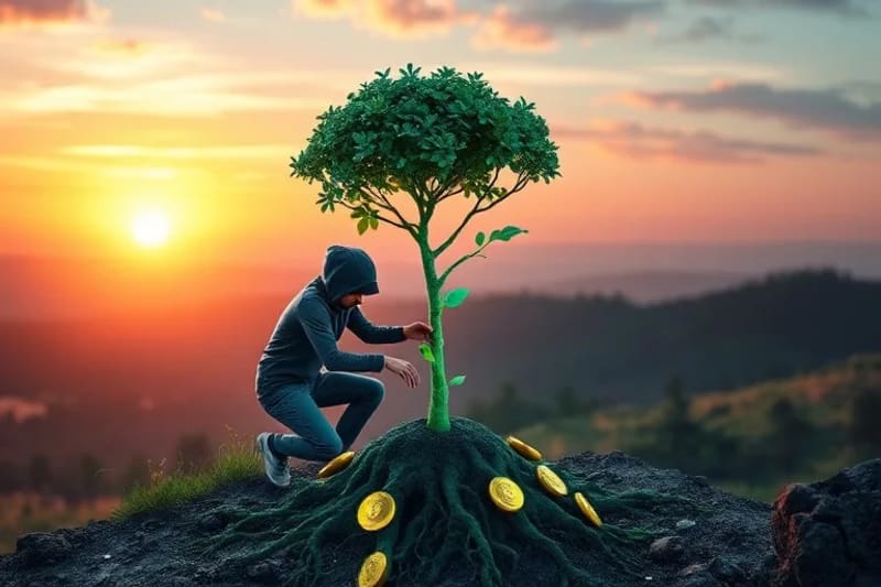 Ilustración de un joven plantando un árbol que crece rápidamente con símbolos de blockchain y criptomonedas, representando el ahorro a largo plazo.