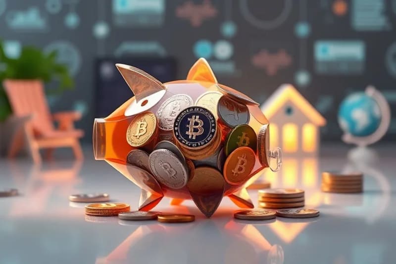 Hucha transparente llena de criptomonedas con símbolos de retiro en el fondo, representando la planificación financiera digital.