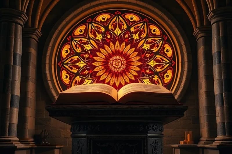 Detalle de un rosetón gótico con geometría fractal y colores vibrantes.