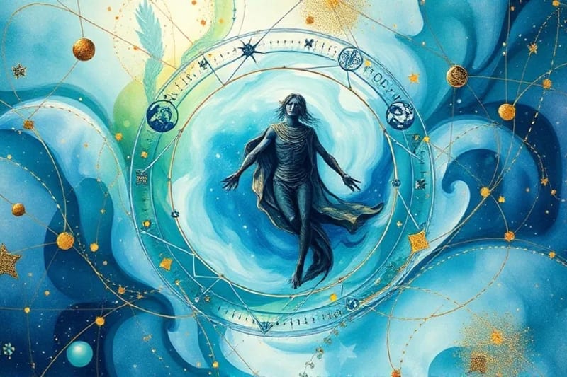 Abstract watercolor painting depicting swirling, translucent layers of blues, greens, and golds, forming organic, interconnected patterns that suggest the flow and interaction of subtle energy and morphic fields.