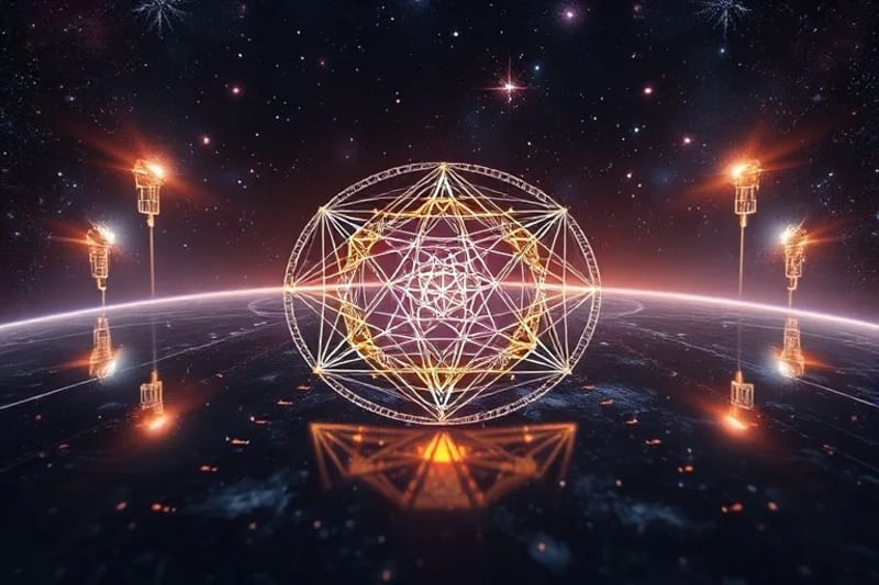 3D render of a meticulously designed Biogeometry tool with metallic and crystal textures, emanating a subtle, shimmering aura that interacts with the visibly calmer and more ordered surrounding environment.
