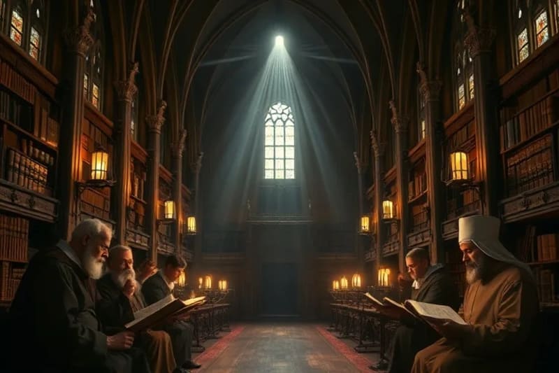 Eruditos cristianos tempranos en una biblioteca, discutiendo textos antiguos a la luz de las velas
