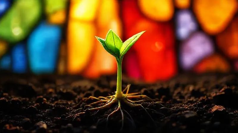 Sprouting seed pushing through soil, symbolizing new beginnings