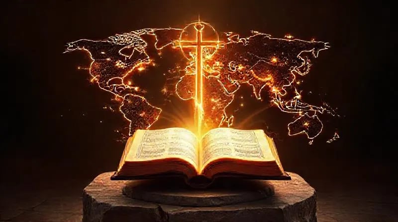 Mapa global con símbolos cristianos y líneas de energía, representando el impacto espiritual mundial
