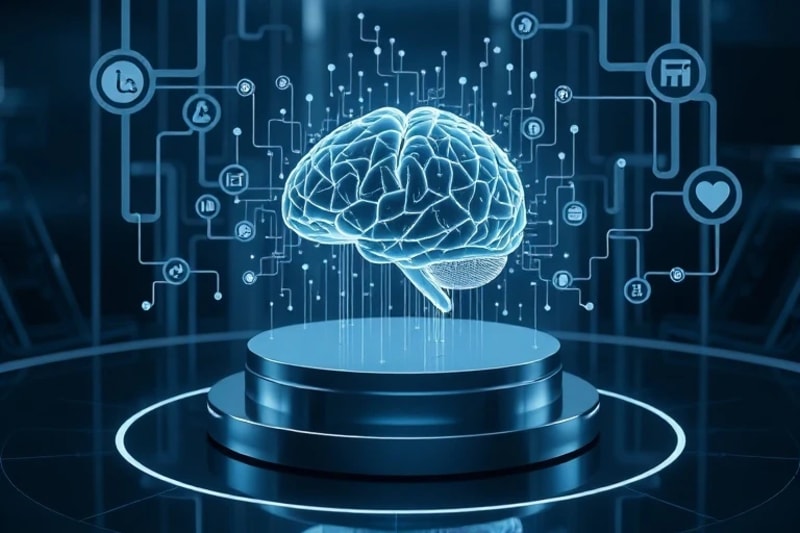 Minimalist 3D render of a sleek, ergonomic brain-computer interface (BCI) device resting on a pedestal, surrounded by abstract glowing ethical guidelines and regulatory symbols, conveying oversight.