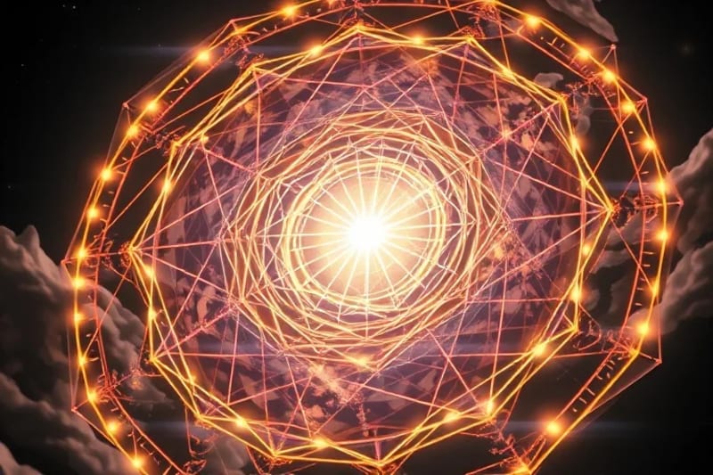 Representación abstracta de un camino o viaje, con elementos de luz y energía que sugieren un destino de poder y transformación.