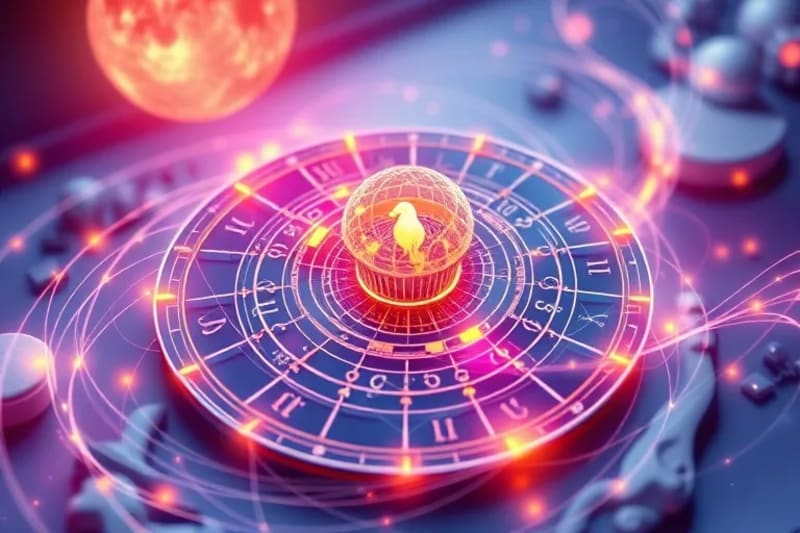 An abstract digital art piece depicting swirling cosmic energies and interconnected lines, representing the intricate flow of lunar cycles and their influence on human consciousness and inner balance.