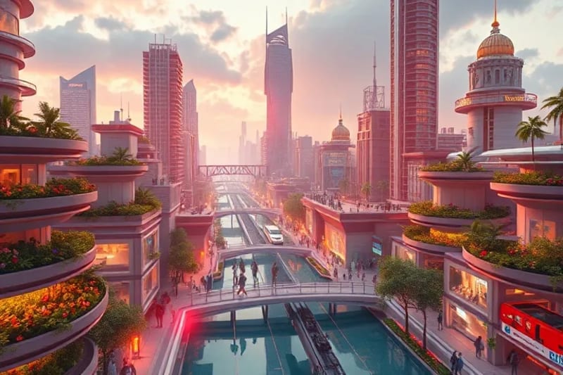 Ciudad futurista con energía renovable y agricultura vertical