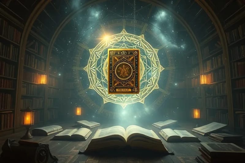 Biblioteca mística con carta de Tarot flotante