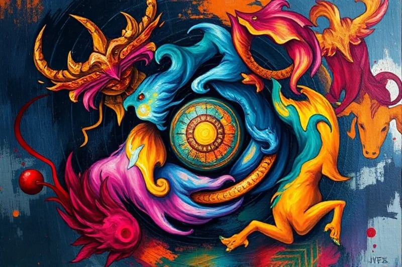 Esfera luminosa abstracta rodeada de formas oscuras y brillantes