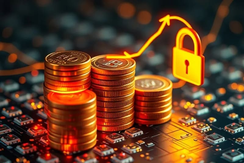 Monedas apiladas formando una curva de crecimiento, con flujos de datos digitales y un candado brillante, representando la seguridad y optimización de ingresos.