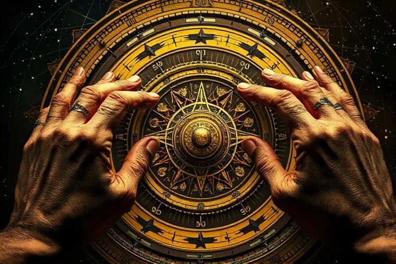 Ancient hands adjusting clockwork, astrological glyphs