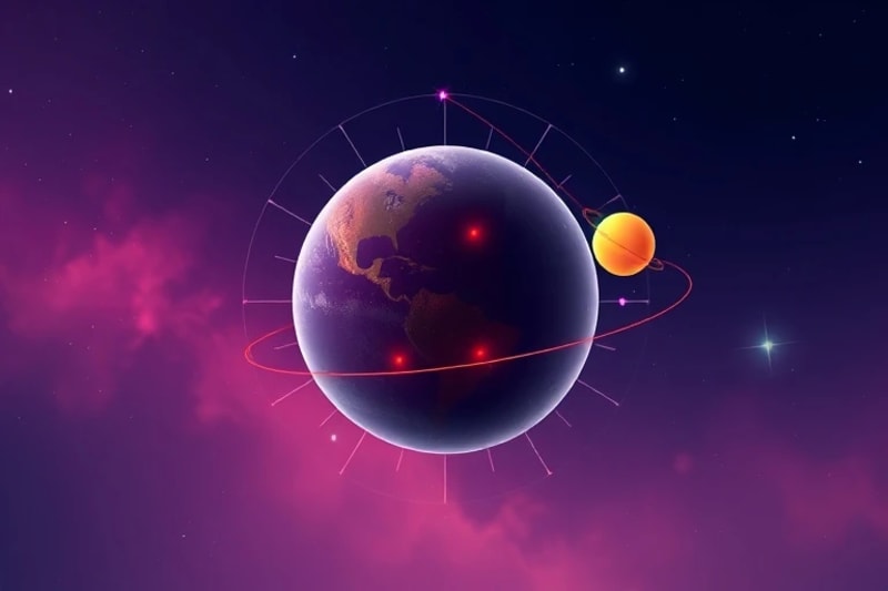 Stylized celestial sphere, planets with colored light, energy lines