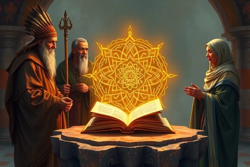 Grupo diverso de personas de diferentes épocas y culturas alrededor de un mandala brillante