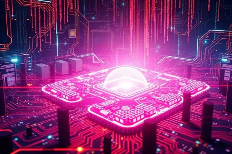 Circuito cuántico brillante protegiendo datos digitales