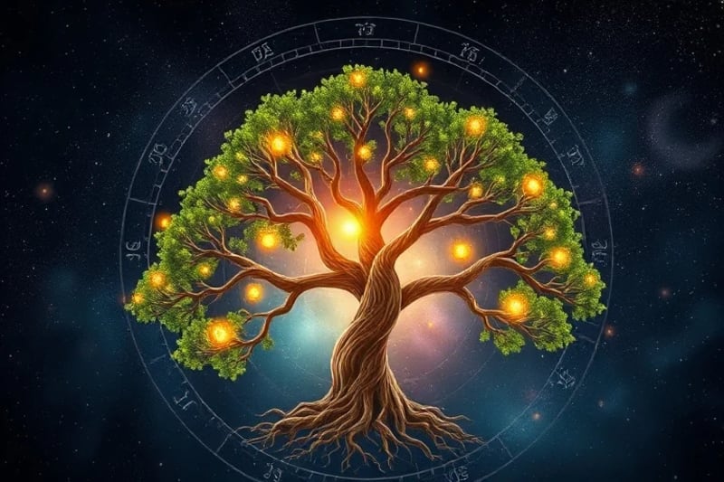 Ilustración vectorial de un árbol genealógico abstracto con raíces profundas y ramas entrelazadas, donde cada hoja o fruto representa un elemento chino diferente, simbolizando la herencia y la evolución familiar.