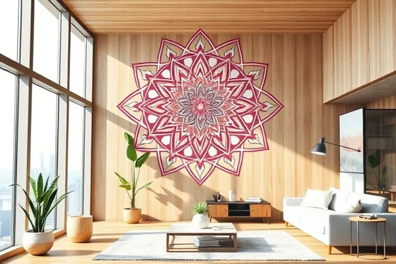 Watercolor painting of a serene, minimalist living room in a city apartment, applying Feng Shui principles
