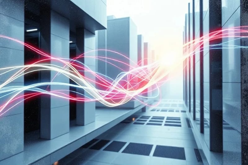 3D render of abstract energy flow through a stylized city grid, representing urban geomancy concepts