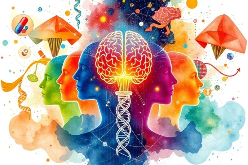 Representación abstracta de la medicina personalizada, con datos fluyendo hacia un icono de IA, rodeado de símbolos de ADN y medicación.
