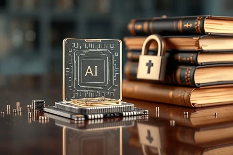 Bodegón conceptual que representa los desafíos éticos de la IA en la salud, con libros antiguos, un chip de IA y un candado digital.