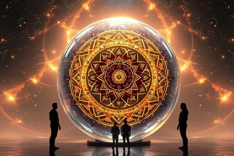 Mecanismo de relojería estilizado incrustado en una esfera de cristal, con engranajes de latón pulido y energía brillante, rodeado de proyecciones holográficas de figuras humanas.
