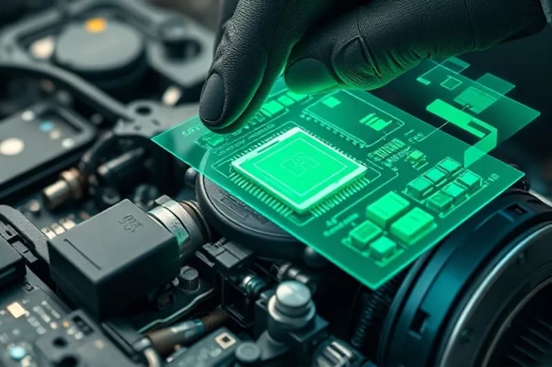 A technician's gloved hands working on a machine, with a holographic overlay showing detailed repair instructions and 3D schematics, illustrating AR-guided predictive maintenance.