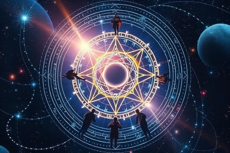 Digital painting of planetary orbits and celestial alignments influencing human society below, with light beams connecting the cosmic and earthly scenes.