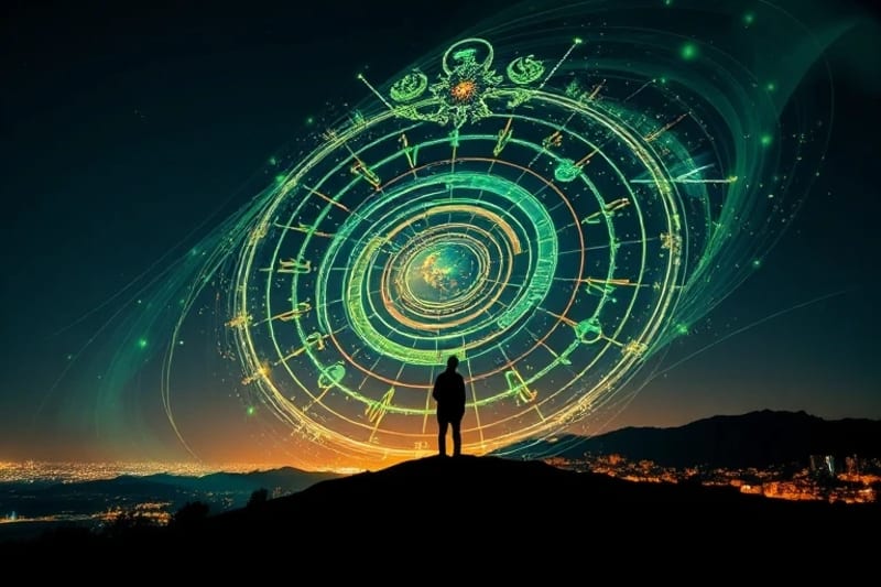 Abstract art depicting a swirling vortex of interconnected light particles and energy lines, representing global consciousness, with subtle societal trends emerging within it.