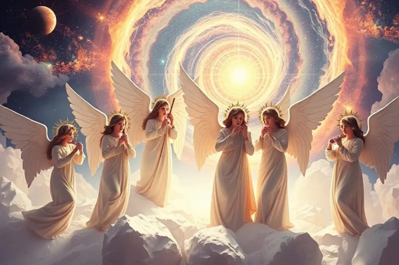 Representación de la orquesta celestial de ángeles creando galaxias.