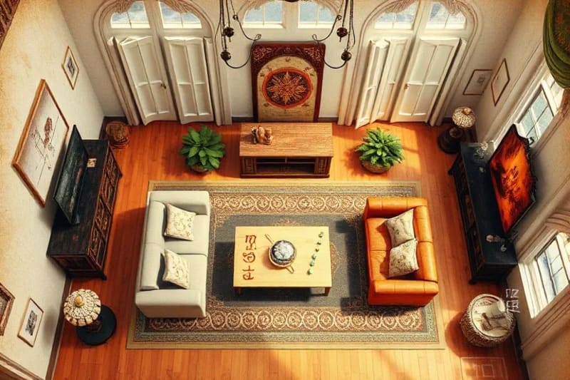 Vista aérea de un espacio físico armonizado, como una sala de estar, con muebles dispuestos según principios de Feng Shui y líneas de geometría sagrada superpuestas que ilustran el flujo energético.