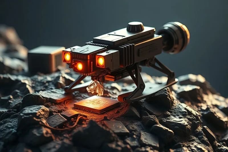 Representación de un robot minero autónomo extrayendo minerales de un asteroide, simbolizando la avanzada tecnología y los desafíos de la minería espacial.