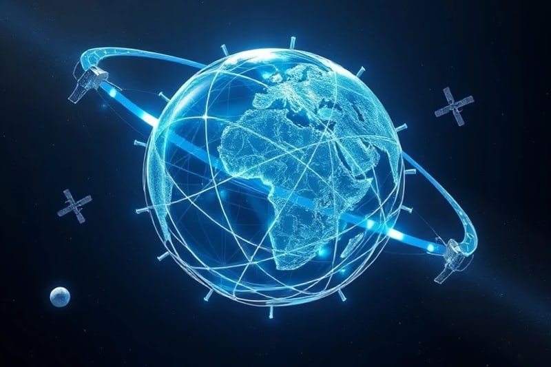 Representación abstracta de la cooperación internacional en el espacio, con manos entrelazadas y símbolos de diferentes naciones convergiendo en un diseño cósmico.