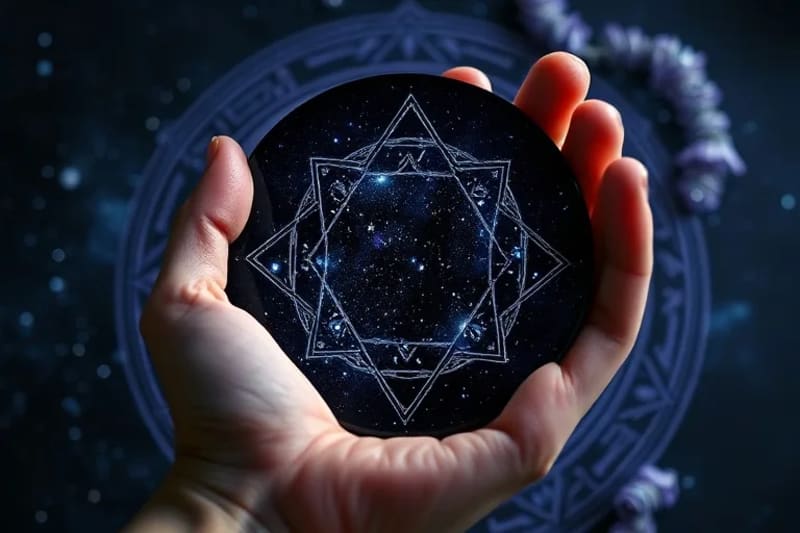 Close-up of a hand holding an obsidian scrying mirror, reflecting stars, surrounded by runes and amethyst