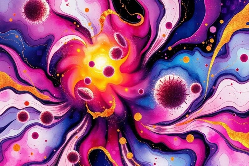 Healthy cells contrasting with senescent cells