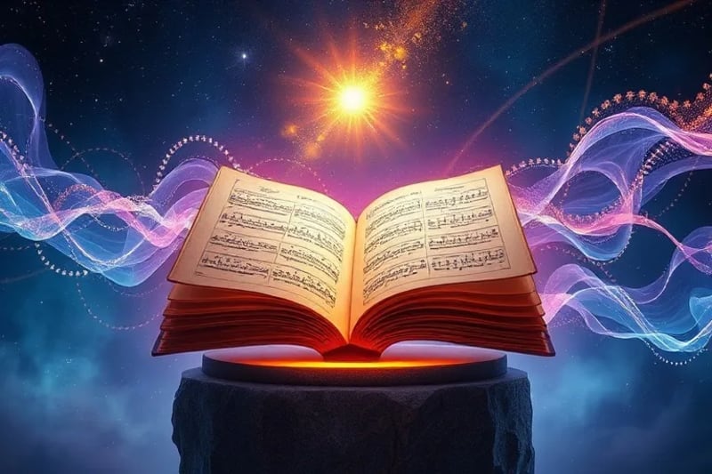 Ondas sonoras etéreas y partículas de luz entrelazadas en un espacio cósmico, simbolizando vibraciones curativas de sonido, tonos azules, morados y dorados.