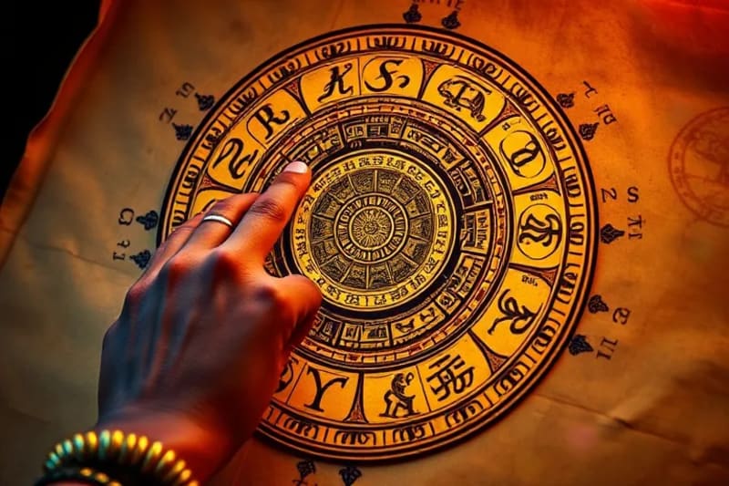 Detailed digital painting of a Mesoamerican calendar wheel with intricate glyphs. A hand traces a day sign.