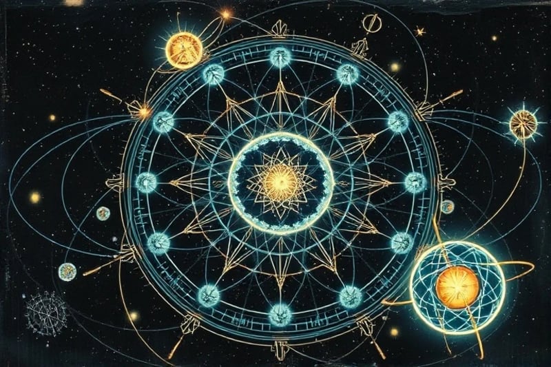Abstract 3D render of interconnected cosmic energy flows with glowing lines and spheres in a starry void.