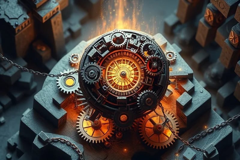 Abstract gears and hidden pathways representing unconscious patterns