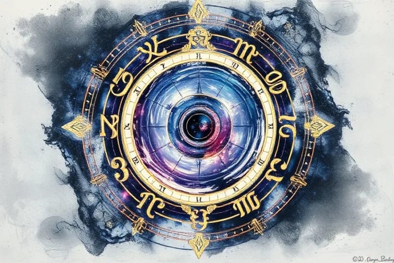 Intricado mapa astral con símbolos zodiacales y líneas energéticas