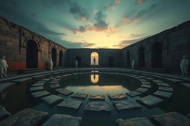 Ancient stone labyrinth partially submerged, with ghostly figures