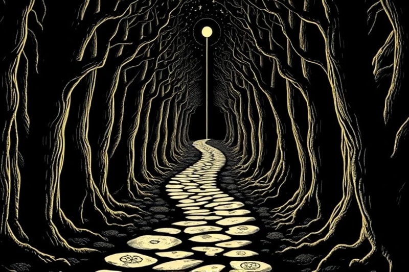 Camino iluminado ascendiendo a una estrella, simbolizando el dharma